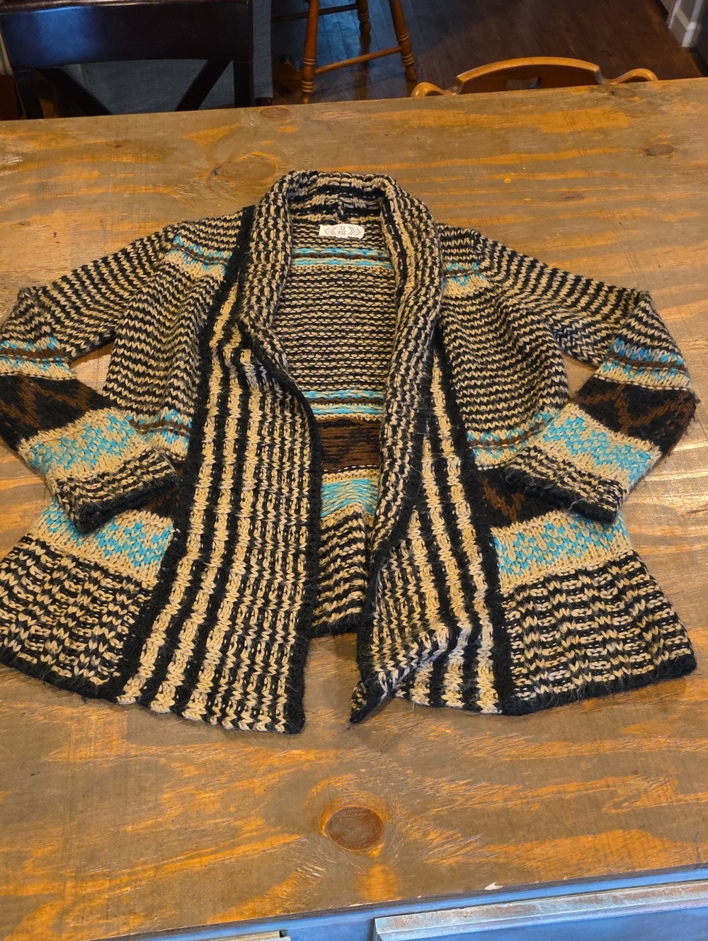 Open-Front Striped & Colorblock Cardigan Sweater in Black, Cream & Turquoise